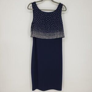 Joseph Ribkoff Embellished Sheath Cocktail Dress 10 Layered Sleeveless Navy Blue